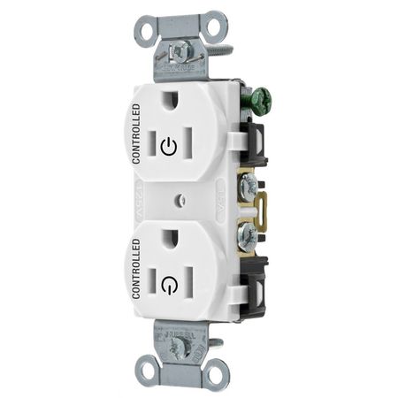 HUBBELL WIRING DEVICE-KELLEMS Straight Blade Devices, Receptacles, Duplex, Load Controlled, 15A 125V, 2-Pole 3-Wire Grounding, 5-15R, Back and Side Wired, White BR15C2WHI